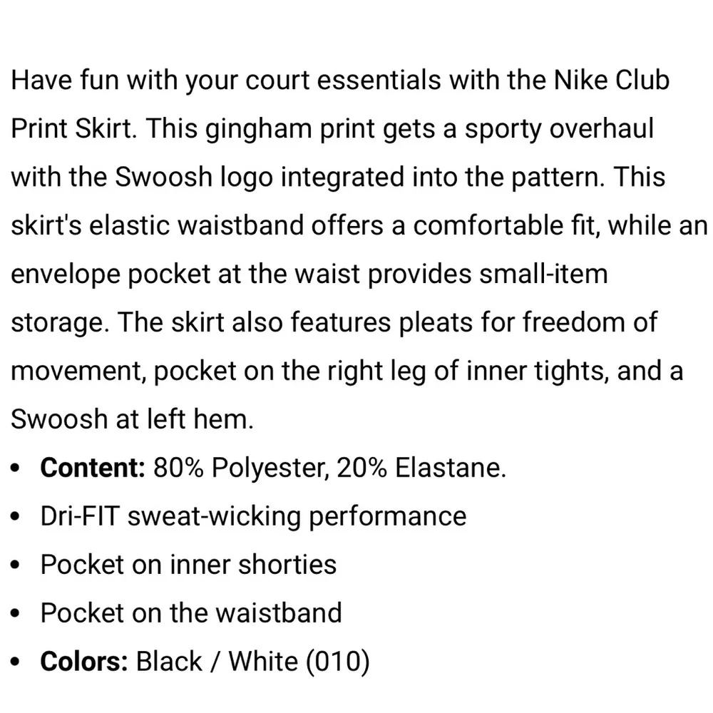 Nike Dri-FIT sz XS black & White logo check print Club Performance Tennis skort